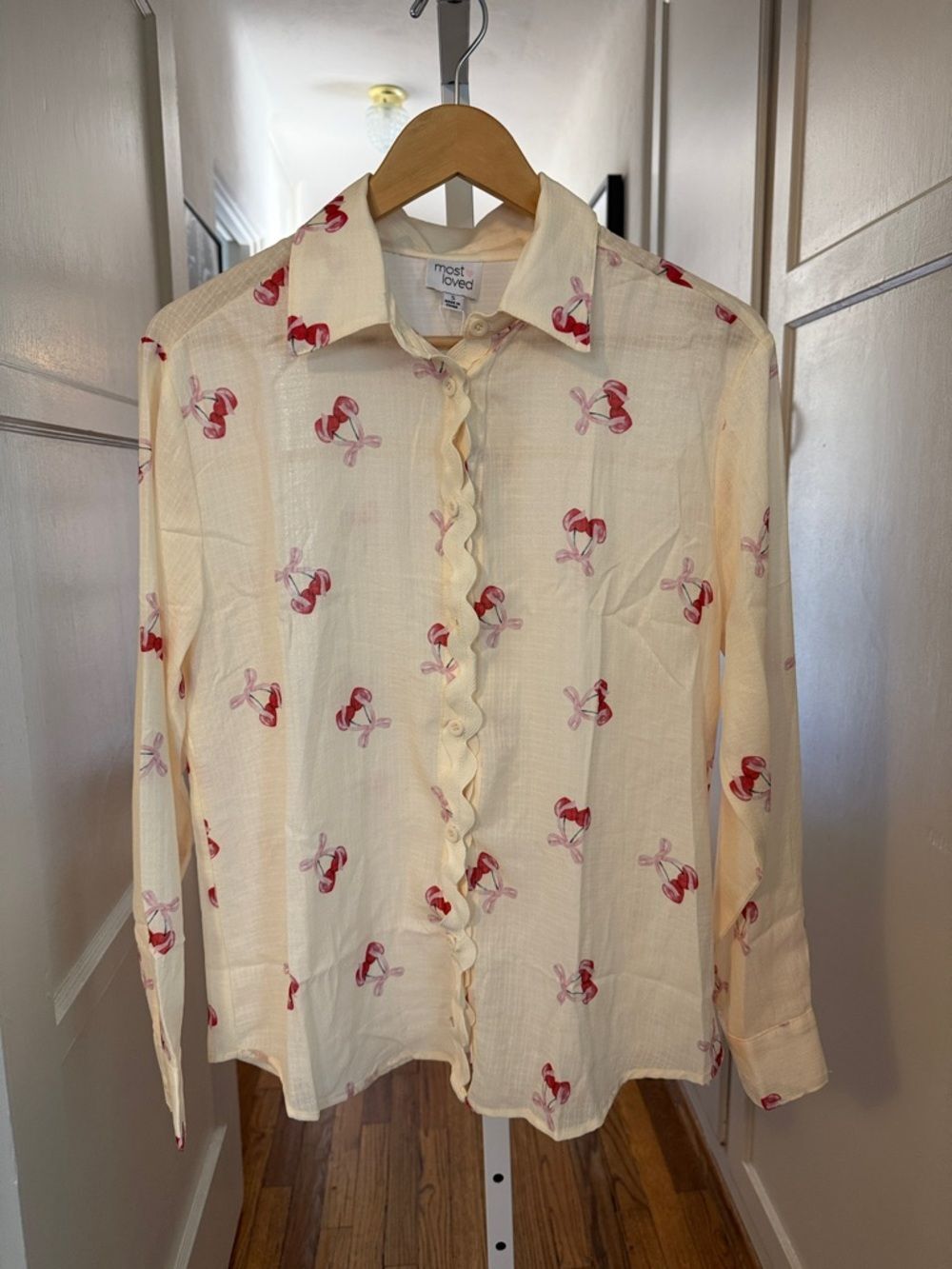 Most Loved Cream Button-Up Blouse with Cherry Hearts & Pink Bow Print